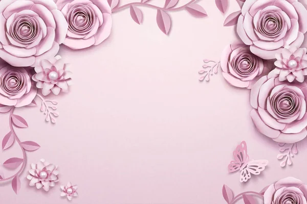 Flores Papel Rosa Fondo Decorativo Mariposa Ilustración — Vector de stock