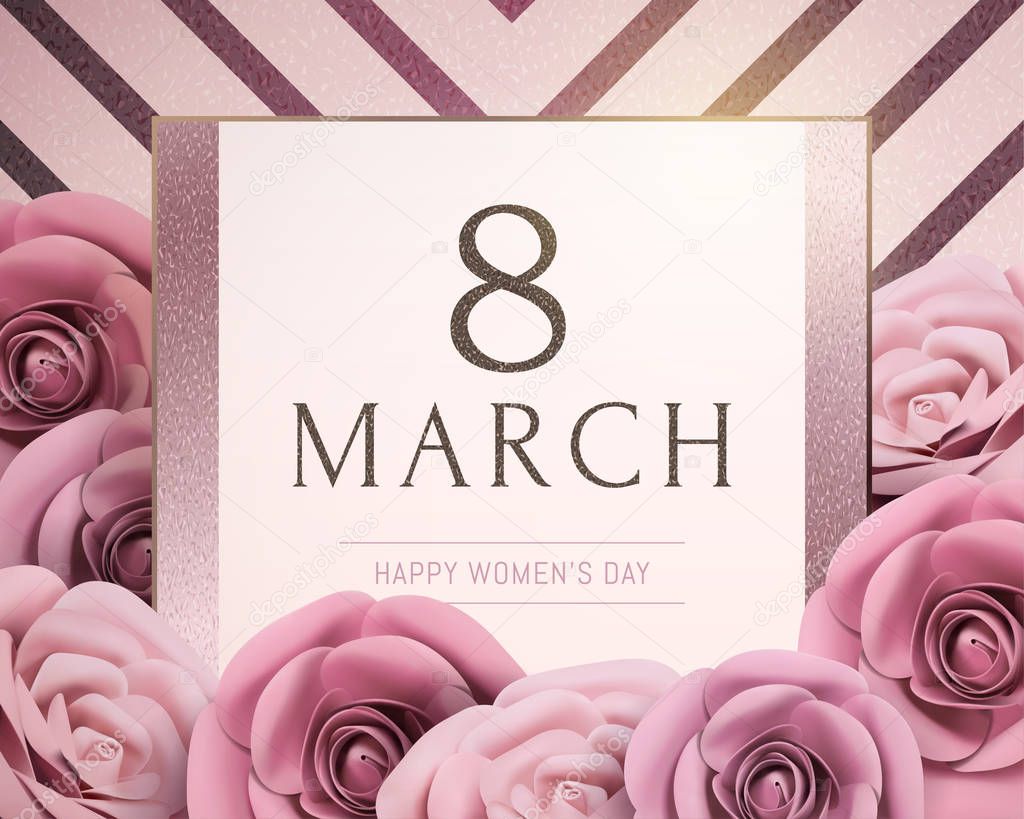 March 8 Happy women's day with paper roses on striped background, 3d illustration
