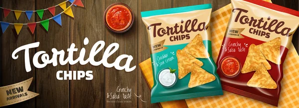Deliciosos anúncios de chips de tortilla — Vetor de Stock