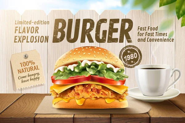 Deliciosos anúncios de hambúrguer de frango frito — Vetor de Stock