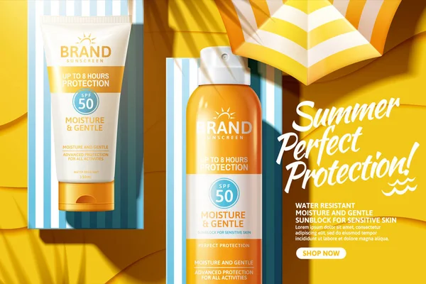 Spray de protetor solar e anúncios tubo —  Vetores de Stock