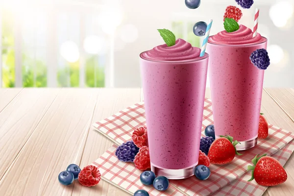 Misture anúncios de smoothie berry — Vetor de Stock