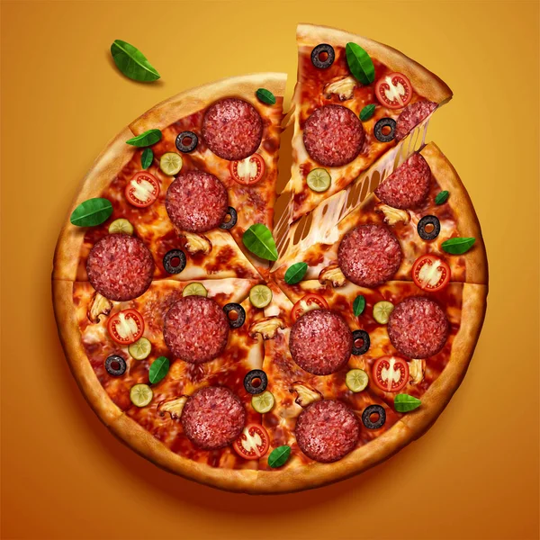 Top view of pepperoni pizza — Stock Vector
