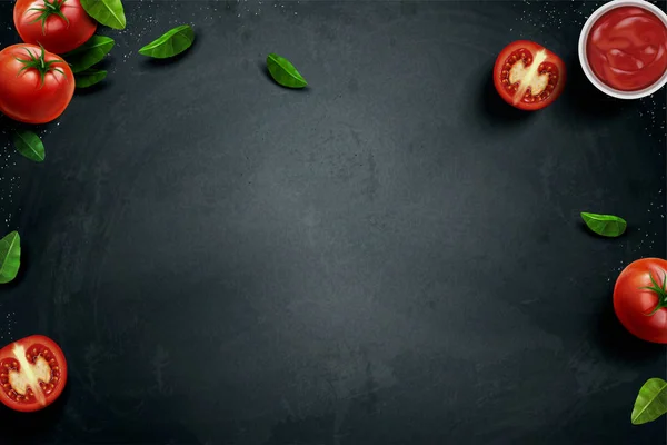 新鲜的番茄和罗勒背景 — 图库矢量图片