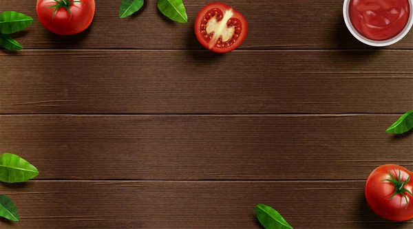 Tomate fresco y albahaca en la mesa — Vector de stock