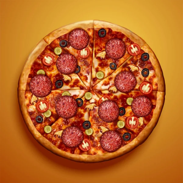 意大利辣香肠比萨饼的顶视图 — 图库矢量图片