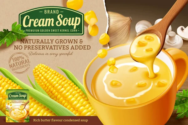 Instant Corn Cream soep advertenties — Stockvector