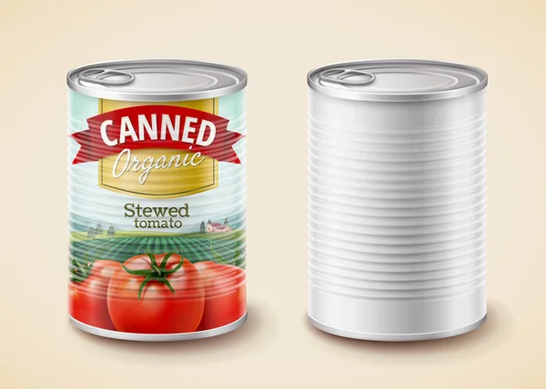 Canned stewed tomato package — Stock Vector