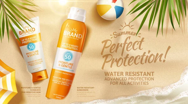 Verão spray protetor solar e anúncio creme —  Vetores de Stock