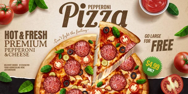 Anuncios de pancartas de pizza de pepperoni — Archivo Imágenes Vectoriales