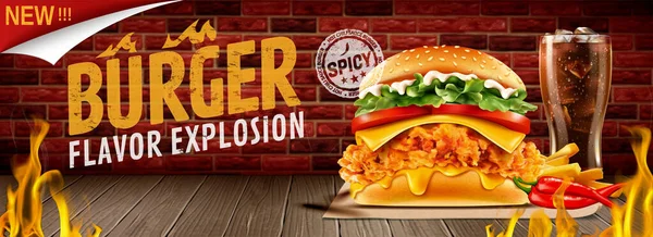 Anúncios de hambúrguer de frango frito quente — Vetor de Stock
