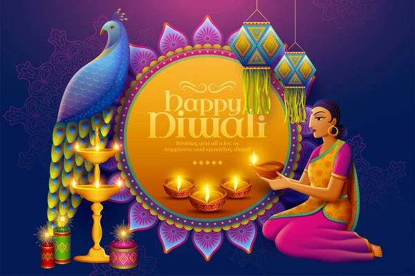 Diwali design avec femme indienne — Image vectorielle