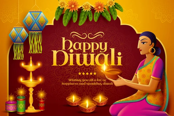 Diwali design avec femme indienne — Image vectorielle