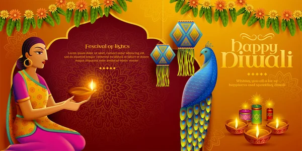 Diwali design avec femme indienne — Image vectorielle