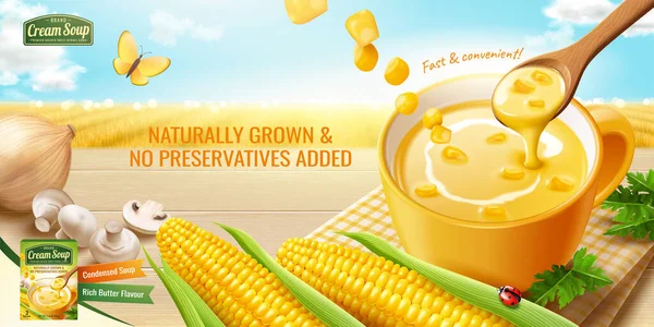 Instant Corn Cream soep advertenties — Stockvector