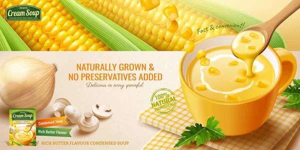 Instant Corn Cream soep advertenties — Stockvector