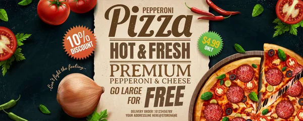 Pepperoni peynirli pizza reklamları. — Stok Vektör