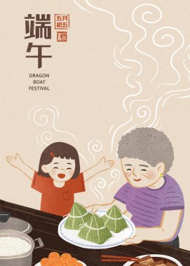 Büyükannem tatilde pirinç köftesi servis ediyor. Ejderha gemisi festivali 5 Mayıs 'ta ve zongzi Çince yazılmış.