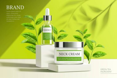 Yüz esansı, serum, krem ve krem için reklam şablonu, yeşil çay fidanlı kaidelerde sergilenen gerçekçi ürünler, 3D illüstrasyon