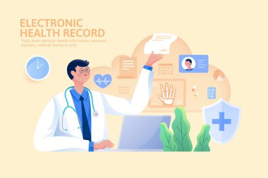 Concept of electronic health record, doctor using EHR to make sound decisions and recommendations for patient clipart