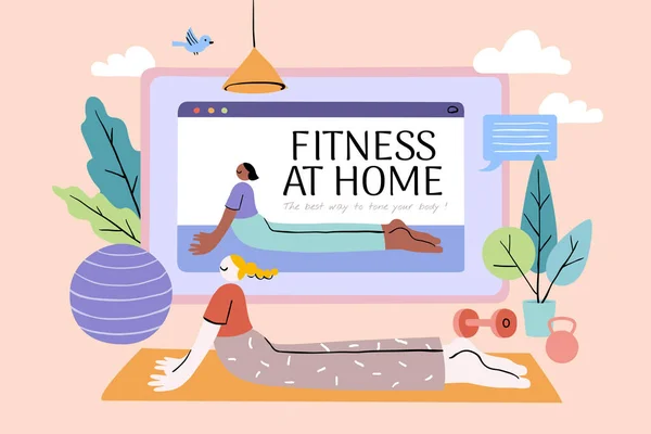 Cute Girl Watching Yoga Tutorial Video Screen Doing Workout Home — Stock Vector