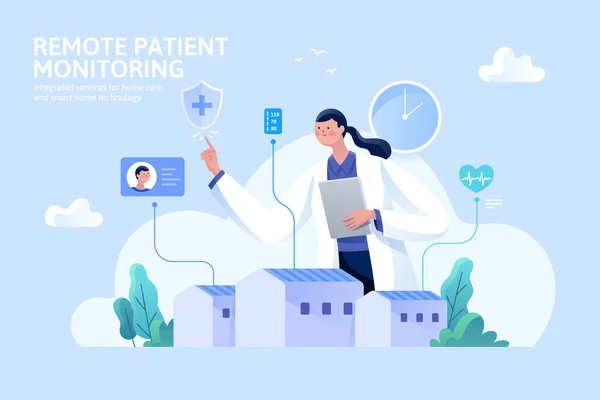 Médico Que Usa Tecnología Para Monitorear Estado Salud Del Paciente — Vector de stock