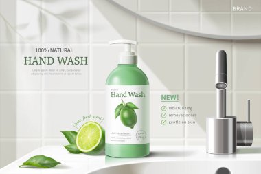 El yıkama ve sıvı sabun için reklam şablonu, seramik lavabo üzerinde şişe maketi, 3D illüstrasyon