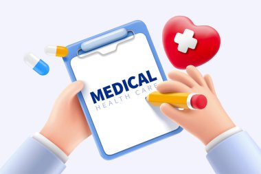 Laboratuvar önlüğüyle karikatür elleri panoya bilgi yazma, doktor kayıtları tutma konsepti, 3 boyutlu illüstrasyon.