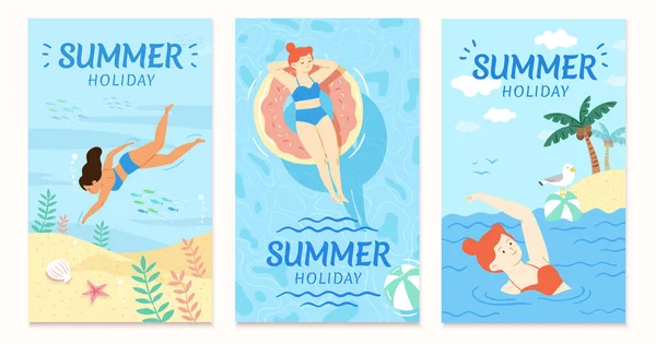 フラットスタイルの夏の販売カバーテンプレート ビーチで泳ぐの概念 チラシ ポスター ウェブバナー広告の使用のための — ストックベクタ