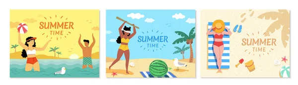 夏季销售覆盖社交媒体和移动应用模板 平面设计中的海滩度假概念 — 图库矢量图片