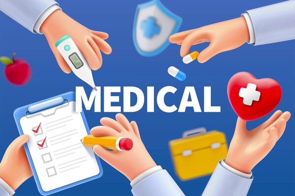 Cartoon Doctor Hands Apple Heart Shape Other Medical Devices Concept — Stock Vector