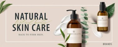 Ad banner for simple beauty products, mock-ups decorated with natural leaves and cream strokes, concept of organic skincare, 3d illustration clipart