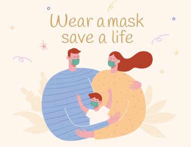 Düz tasarımda yüz maskesi takan sevimli aile, güvenli yaşam kavramı, yeni normal ve COVID dönemi sonrası