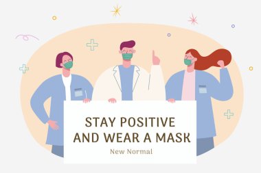 Yüz maskeleri takmak, yeni normal, korona dönemi konsepti, düz tasarım illüstrasyon.
