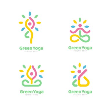 Yoga, spor ve fitness için uygulanabilir renkli çizgi sanat tasarımında yoga logosu seti
