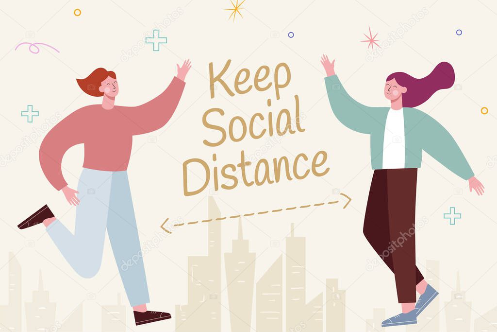 Cute characters greeting each other and keeping social distancing to prevent COVID-19, illustration in flat design