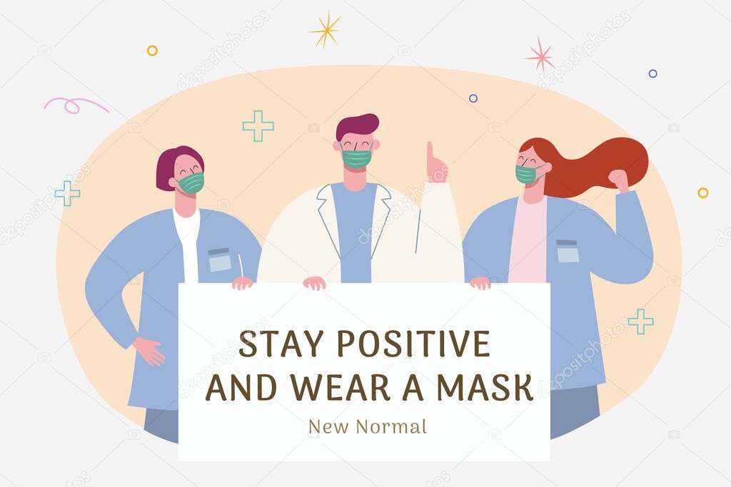 Wearing face masks becoming the new normal, concept of post corona era, illustration in flat design