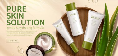 Doğal güzellik ürünleri için afiş, ahşap tabağa yerleştirilmiş kozmetik maketlerinin üst görünümü, aloe vera, 3D illüstrasyon.