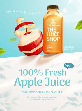 3 boyutlu resimli taze elma suyu reklamı, beyaz duvarda soyulmuş elma suyu şişesi.