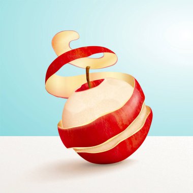 3 boyutlu resimde kırmızı soyulmuş elma, tazelik ve vitamin konsepti