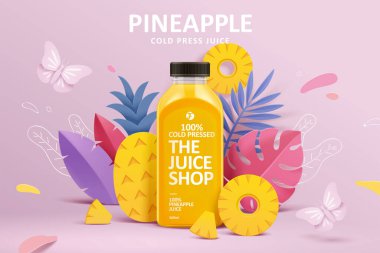 Renkli kağıt kesim tasarımı içinde soğuk baskılı ananas suyu reklam şablonu, doğal bahçe ya da çiftlik konsepti, 3D illüstrasyon