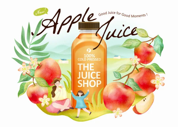 Świeży Sok Jabłkowy Reklama Ilustracja Realistyczna Butelka Akwarelą Owoców Ludzi — Wektor stockowy