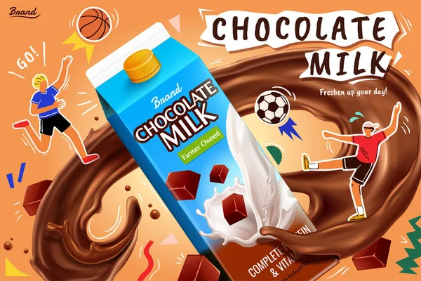 Pacchetto Latte Cioccolato Con Spruzzi Marroni Realistici Illustrazione Dell Atleta — Vettoriale Stock