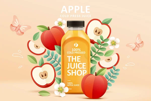 彩色剪纸设计中的冷榨苹果汁广告模板 自然花园或农场的概念 3D插图 — 图库矢量图片