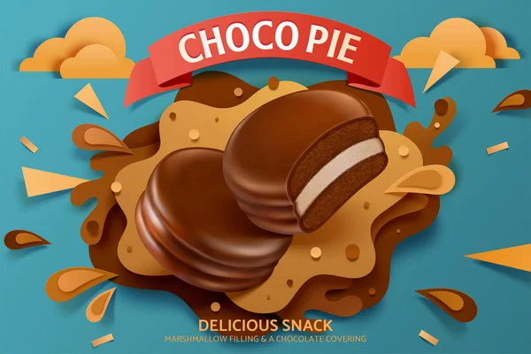 Choco Pie Διαφημιστικό Πρότυπο Ρεαλιστική Ομαλή Κέικ Χαρτί Κομμένα Κρέμα — Διανυσματικό Αρχείο