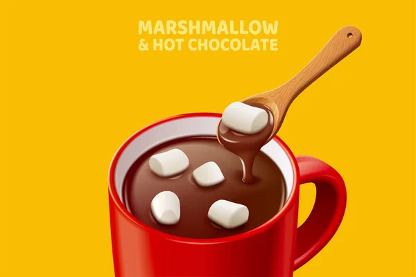 Chocolate Quente Com Marshmallows Ilustração Isolado Fundo Amarelo Mostarda — Vetor de Stock