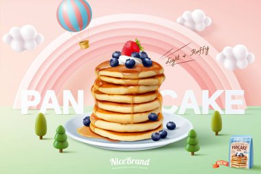 Yumuşak krep reklam şablonu, akçaağaç şuruplu krep yığını ve minyatür pastel orman arka planında taze meyve, 3D resim