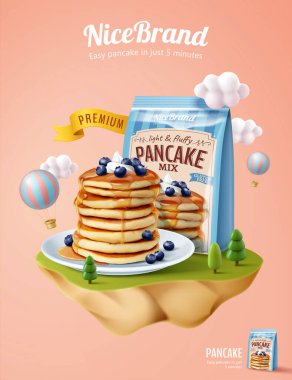 Yumuşak krep reklam şablonu, minyatür pastel adalarda bulutlu ve sıcak hava balonlu maket set, 3D illüstrasyon