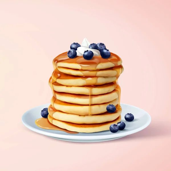 Pancake Stack Gustoso Soffice Con Sciroppo Acero Burro Bacche Blu — Vettoriale Stock