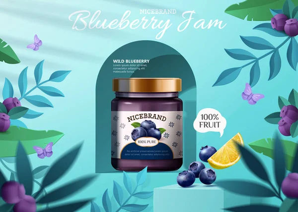 Illustratie Van Bosbessenjam Advertentie Met Bosbessen Podia Citroen Planten Blauwe — Stockvector